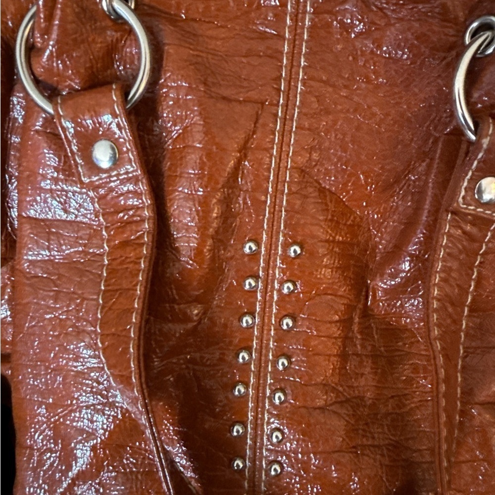 Cognac Brown/Distressed Satchel | Studded Detail | Top Handle Handbag - Picture 5 of 6
